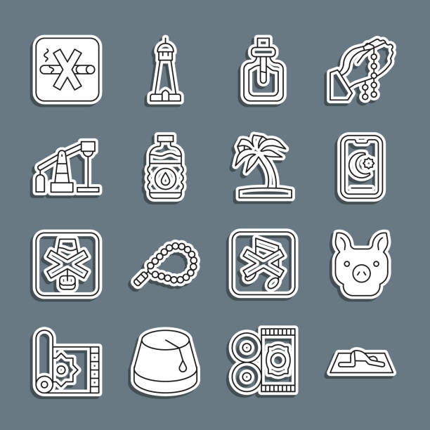 ilustrações de stock, clip art, desenhos animados e ícones de set line muslim man prays, pig, star and crescent, perfume, bottle of water, oil pump or pump jack, no smoking and tropical palm tree icon. vector - food and drink industry audio