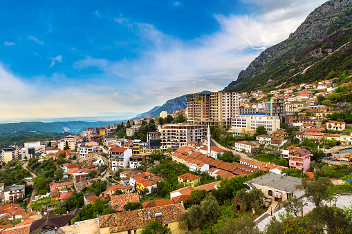 Panoramic aerial view of Kruja in a beautiful summer day, Albania