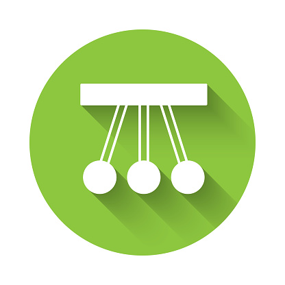 White Pendulum icon isolated with long shadow background. Newtons cradle. Green circle button. Vector.