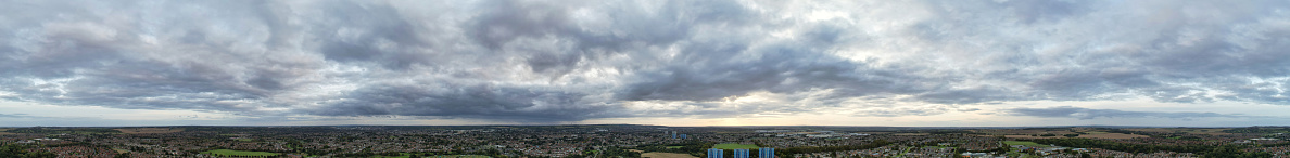 Aerial Panoramic View of North Luton City of England United Kingdom During Cloudy Sunset.