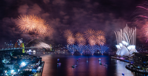 A photo taken at Circular Quay showing the 2024 NYE celebration.