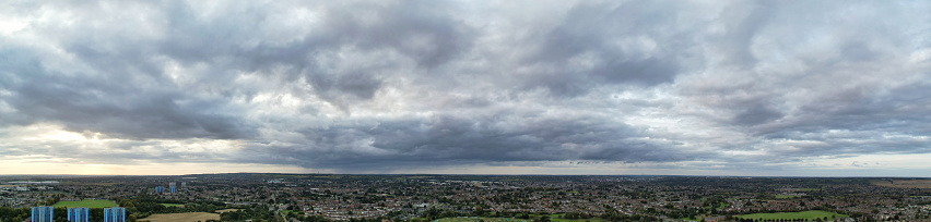 Aerial Panoramic View of North Luton City of England United Kingdom During Cloudy Sunset.