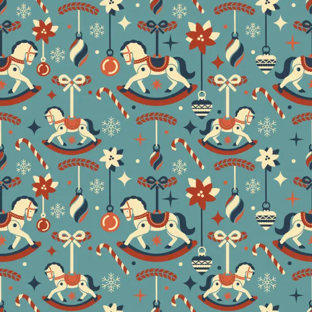 Vector illustration of Old Vintage seamless pattern with retro flat style Christmas tree dÃ©cor. Winter ornament with bauble decorations, rocking horse. Cozy noel endless print for gift, wrapping paper, fabric.