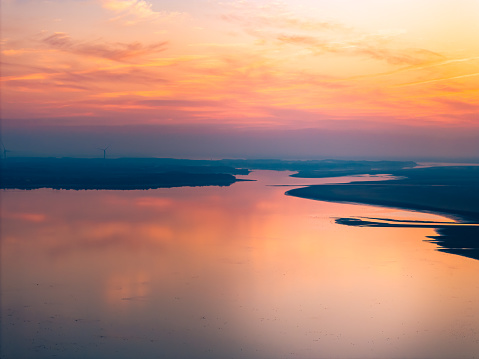 Aerial photography of beautiful lake at sunset