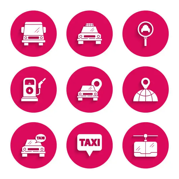 Vector illustration of Set Map pointer with taxi, Cable car, Location on the globe, Taxi, Petrol or Gas station, Magnifying glass and and Car icon. Vector