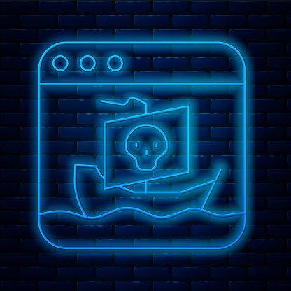 Glowing neon line Internet piracy icon isolated on brick wall background. Online piracy. Cyberspace crime with file download and movies sharing. Vector.