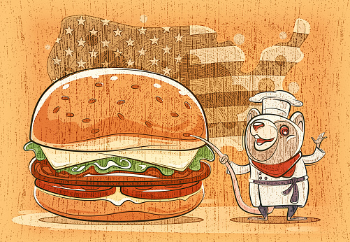 digital painting / raster illustration of chef mouse presenting with hamburger
