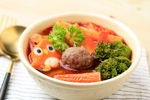 Suki Bowl with Tomyum Broth Soup on Cream Bowl for Kids