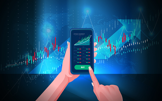 A trader is showing a mobile phone with a stock market chart on its screen. stock illustration