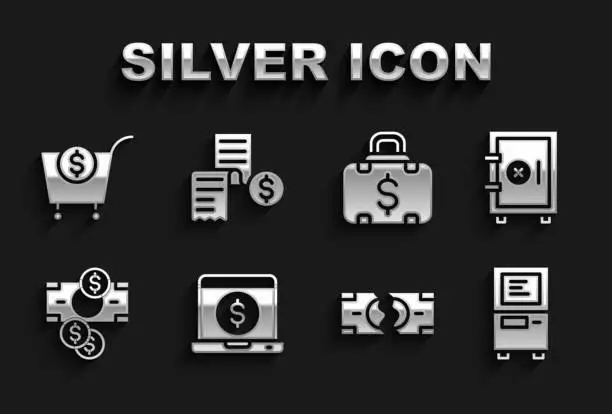 Vector illustration of Set Laptop with dollar, Safe, ATM, Tearing money banknote, Stacks paper cash, Briefcase and, Shopping cart and Paper or financial check icon. Vector