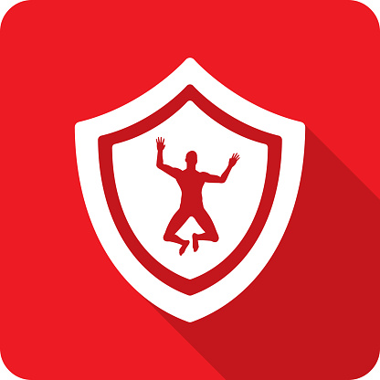Vector illustration of a shield with man falling against a red background in flat style.