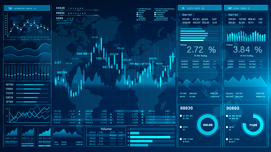 Business charts and data numbers. Business and financial investment. HUD infographic of financial. Information reports of business strategy for investment. Technology data analysis. 3d rendering