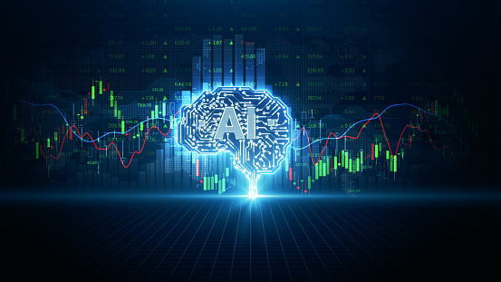 AI automatically trading bot, Software that analyzes market data and executes trades automatically, Using artificial intelligence algorithms, Trading and business investment concept. 3d rendering