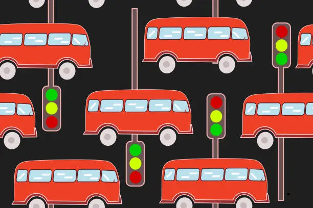 Vector illustration of Red buses seamless pattern with trafic light