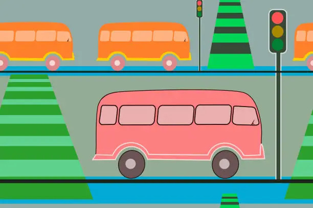 Vector illustration of Seamless pattern bus with trafic light and zebra cross for kid design printing