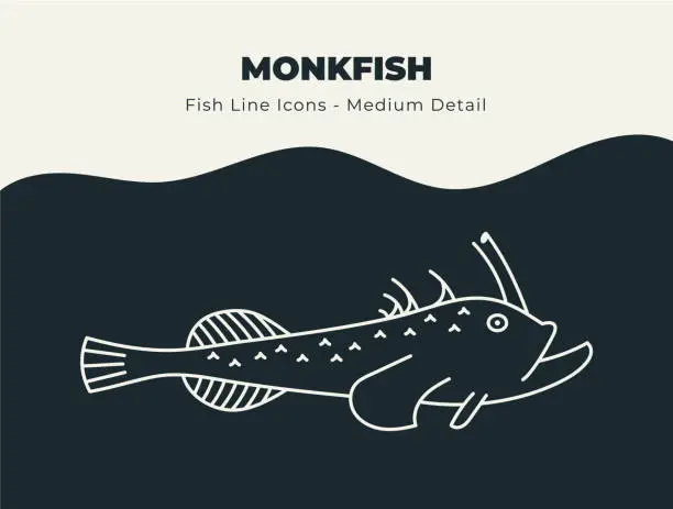 Vector illustration of Monkfish or Monk Fish - Ocean and River Fish Line Icon Set. Dive into a Sea of Creative Icons with Fish and Seafood Stock Vectors, Includes Illustrations of Fish Scales, Fins, and Aquatic Marine Life