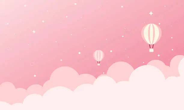 Vector illustration of Cute kawaii pink gradient cartoon background design with balloon and clouds