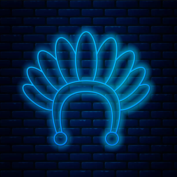 Glowing neon line headdress with feathers icon isolated on brick wall background. Native american traditional headdress. Vector Glowing neon line headdress with feathers icon isolated on brick wall background. Native american traditional headdress. Vector. cherokee clip art stock illustrations