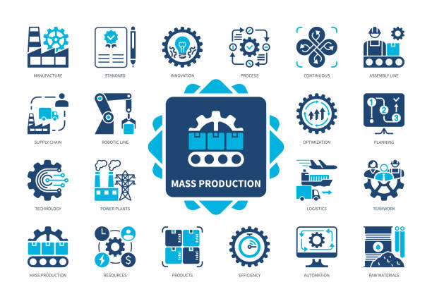 набор сплошных иконок для массового производства - machinery stock illustrations