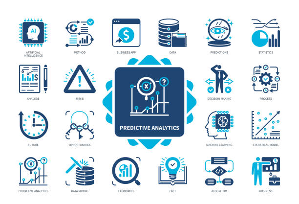 Predictive Analytics solid icon set Predictive Analytics icon set. Machine Learning, Data Mining, Statistics, Opportunities, Prediction, Analysis, Algorithm, Artificial Intelligence. Duotone color solid icons business loan icon stock illustrations