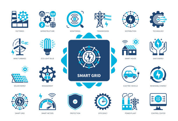 smart grid-solid-icon-set - intelligenter zähler stock-grafiken, -clipart, -cartoons und -symbole