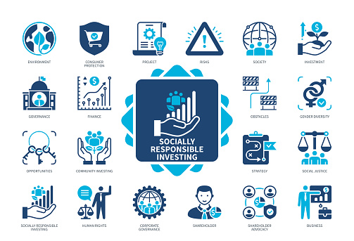 Socially Responsible Investing SRI icon set. Environment, Corporate Governance, Finance, Shareholder, Project, Gender Diversity, investment, Social Justice. Duotone color solid icons
