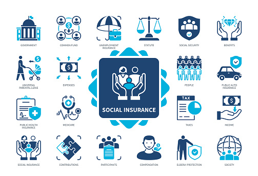 Social Insurance icon set. Government, Universal Parental Leave, Common Fund, Contributions, Social Security, Unemployment Insurance, Benefits, Compensation. Duotone color solid icons