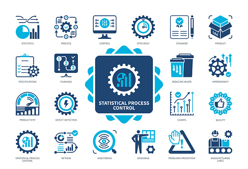 Statistical Process Control icon set. Manufacturing Lines, Quality Control, Standard, Monitoring, Defect Detection, Designing, Specifications, Problems Prevention. Duotone color solid icons