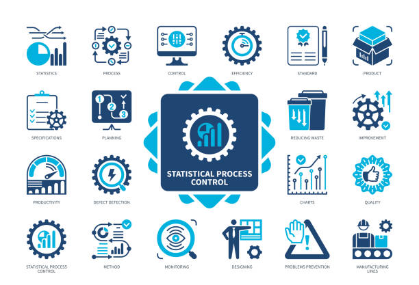 Statistical Process Control solid icon set Statistical Process Control icon set. Manufacturing Lines, Quality Control, Standard, Monitoring, Defect Detection, Designing, Specifications, Problems Prevention. Duotone color solid icons specifications icon stock illustrations
