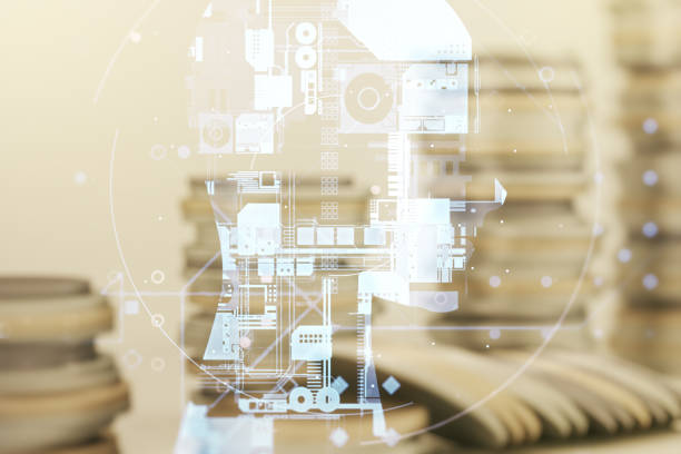 istock Double exposure of creative human head microcircuit hologram on growing coins stacks background. Future technology and AI concept 1899073609