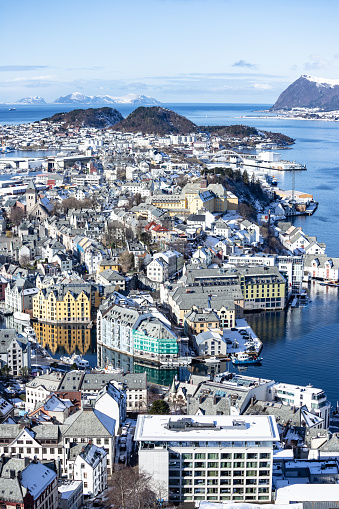 Famous place in Norway Early spring sunny day in Alesund Norway Scandinavia Northern Europe