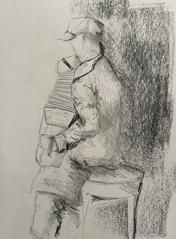 Original pencil and charcoal drawing of a man playing an accordian