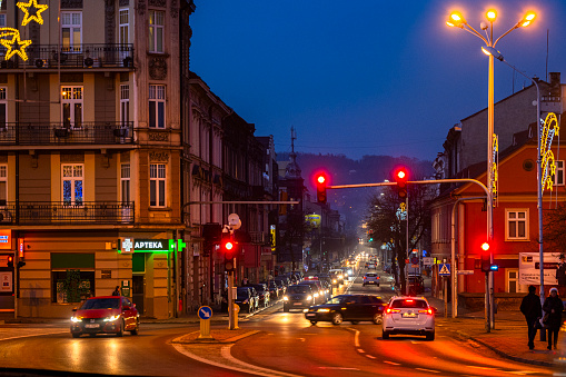 Przemysl, Subcarpathian Voivodeship, Poland - December 31,2023: Evening view of the city street.