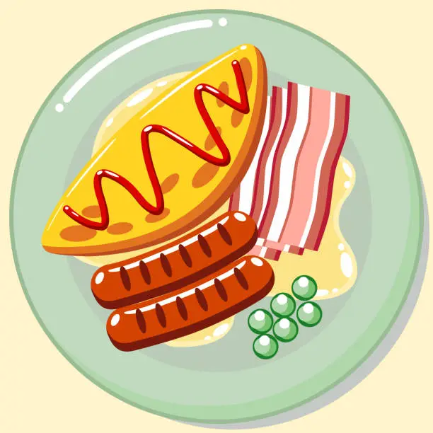 Vector illustration of Omelette, bacon and sausage for breakfast