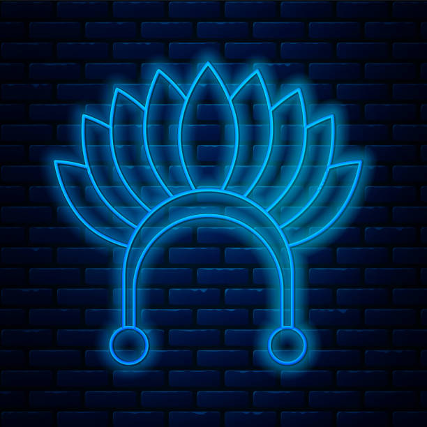 Glowing neon line headdress with feathers icon isolated on brick wall background. Native american traditional headdress. Vector Glowing neon line headdress with feathers icon isolated on brick wall background. Native american traditional headdress. Vector. cherokee clip art stock illustrations