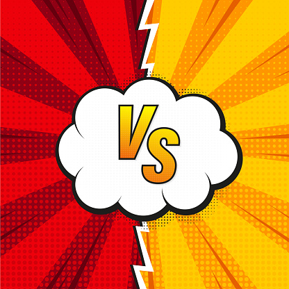 Versus VS letters fight background in flat comic style with halftone, lightning. Pop art pattern. Comic background with speech bubble  Confrontation. Vs fight backgrounds comics. Vector illustration
