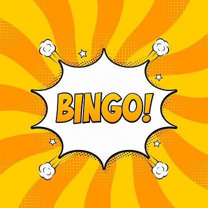 Bingo lottery poster. Lottery game background. Comics pop-art style bang shape on a blue twisted background. Idea for web banners. Comic text sound effects. Vector illustration