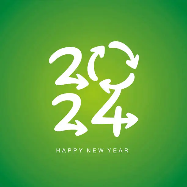 Vector illustration of Happy New Year 2024 handwritten typography. Success plan for recycling and save earth environment. Ideal for use in the presentation of environment, organic food production, education, green