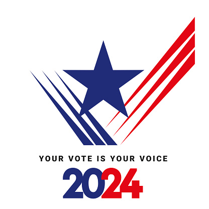 USA Presidential Election 2024. Check mark vote. USA star with american flag colors and symbols. Voting Day 2024 Election in USA, Political election campaign emblem logo