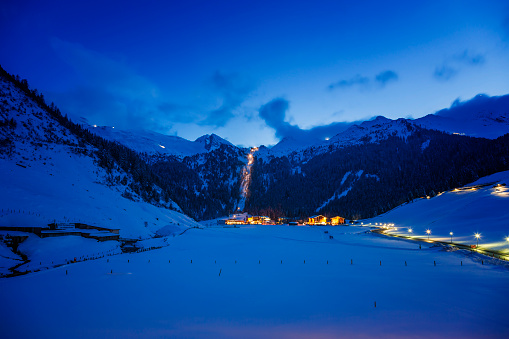 Idyllic winter ski resort Hintertux, Tirol, Austria in night. Long exposure.