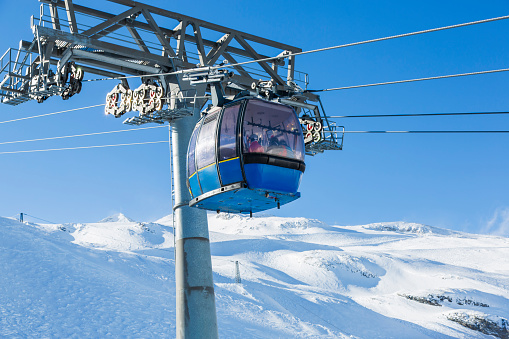 Cable car at winter ski resort Hintertux, Tirol, Austria in morning.