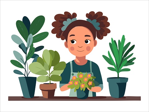 young woman takes care of the flowers planted in different shaped pots. Hobby is taking care of indoor plants. The girl takes care of the home garden. Vector illustration.