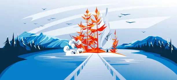 Vector illustration of wooden path on the island on the mountains of the lake. Winter calm landscape. Orange pines. Vector flat illustration. Tourism.