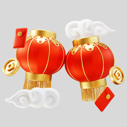 Happy chinese new year with wealth and prosperity. Golden coins, traditional lanterns, lucky bag and cloud. 3D Elements asian festival for banner, web poster, flyers and brochures. 3d rendering