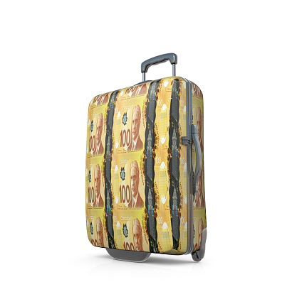 Travel suitcase with stickers. Clipping path included. Computer generated image.