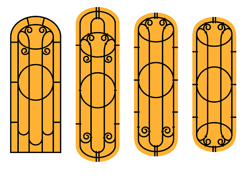Vector Illustration Of Four Kinds Of Art Deco Door Motifs. Art Nouveau Wrought Iron Door Pattern.