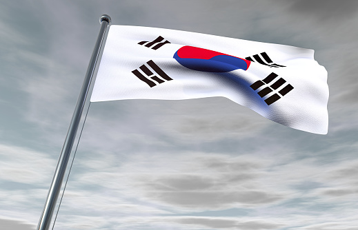South Korea national flag waving on a clear day. The flag is a white field with a red and blue taegeuk in the center. 3d illustration render. Fluttering textile.