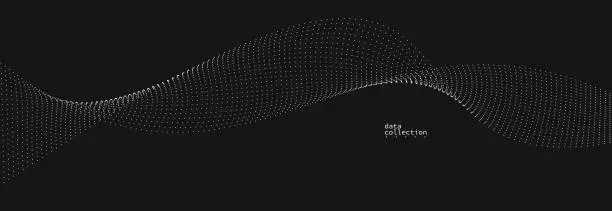 Vector illustration of Grey dots in motion vector abstract background over black, particles array wavy flow, curve lines of points in movement, technology and science illustration.