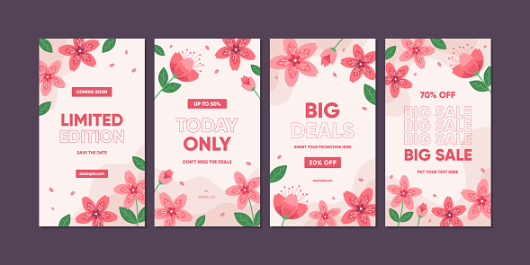 Set of spring promotional sale backgrouds with sakura branch. Cherry blossoms social media template collection