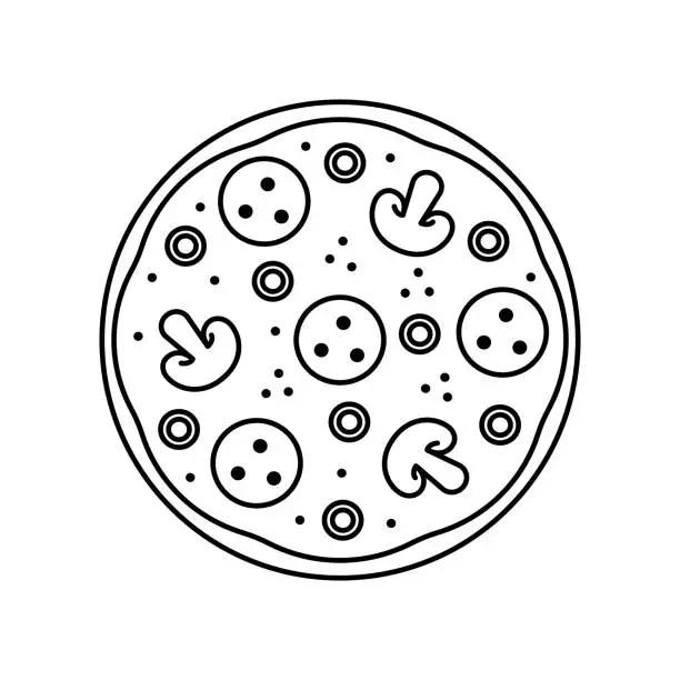 Vector illustration of Vector mushroom whole tasty pizza fast food with Salami, cheese and mushroom,